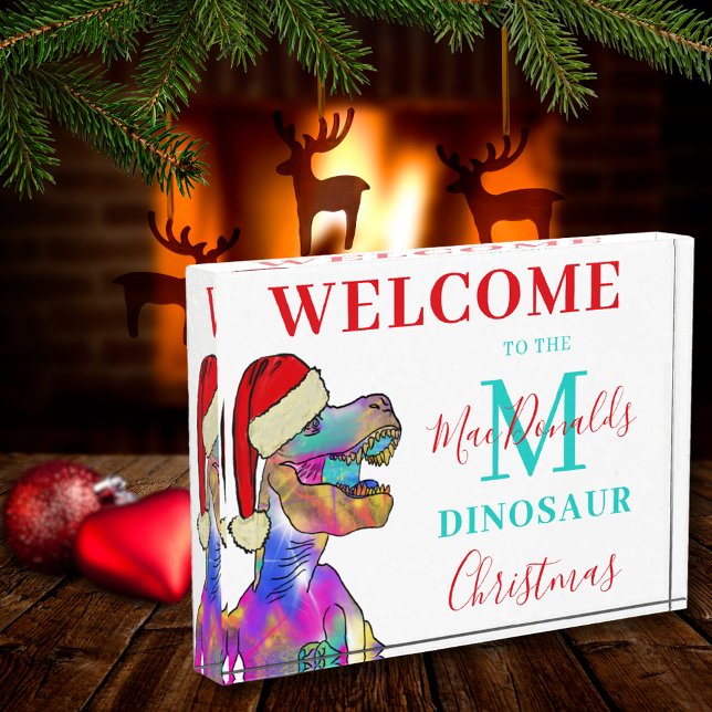 Personalisierter Dinosaurier Weihnachten Willkomme Fotoblock (Christmas dinosaur T-Rex wearing a Santa hat personalized family name holiday welcome photo block)