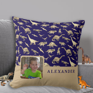 Personalisierter Dinosauriername Foto Blau Kissen