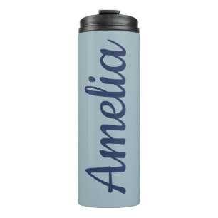 Personalisierter Drehbuchname Hellblaues Hochzeits Thermosbecher