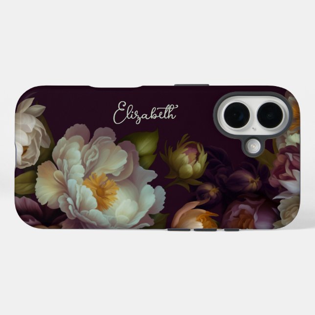 Personalisierter dunkler botanischer Floral iPhone iPhone 16 Hülle (Rückseite (Horizontal))