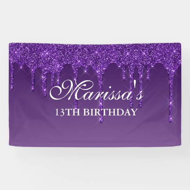 Personalisierter dunkler Lila Tropfen Glitzer Gebu Banner (Horizontal)