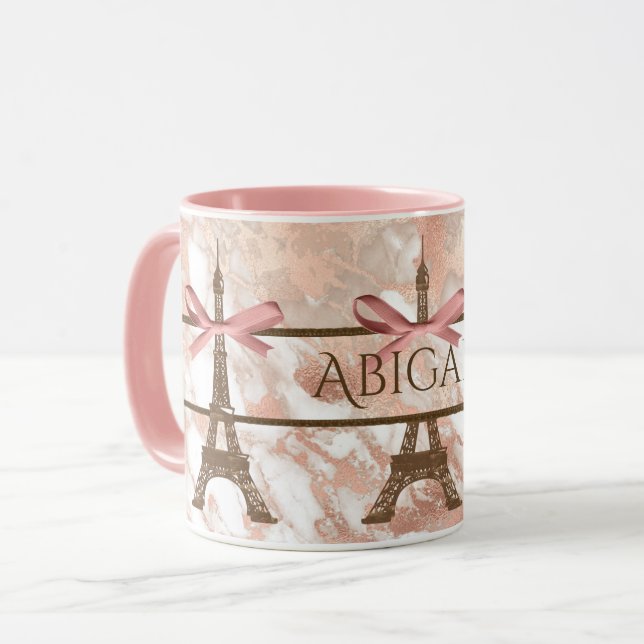 Personalisierter Eiffelturm weiß, rosafarbener Mar Tasse (Vorderseite Links)