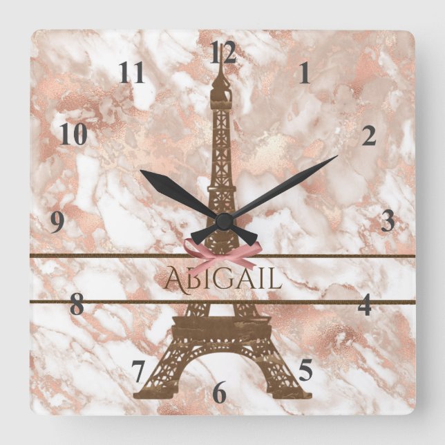 Personalisierter Eiffelturm weiß, Rose-Gold-Marmor Quadratische Wanduhr (Vorderseite)