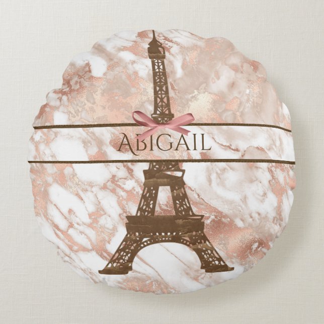 Personalisierter Eiffelturm weiß, Rose-Gold-Marmor Rundes Kissen (Vorderseite)