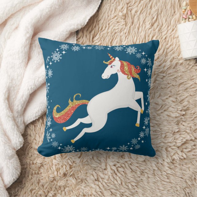 Personalisierter Einhorn Glitzer Schneeflocken Wei Kissen (Decke)