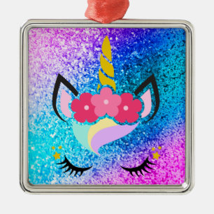 Personalisierter Einhorn Ombre Glitter Weihnachts- Ornament Aus Metall