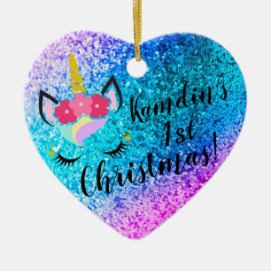 Personalisierter Einhorn-Ombre-Glitter-Weihnachtsb Keramik Ornament