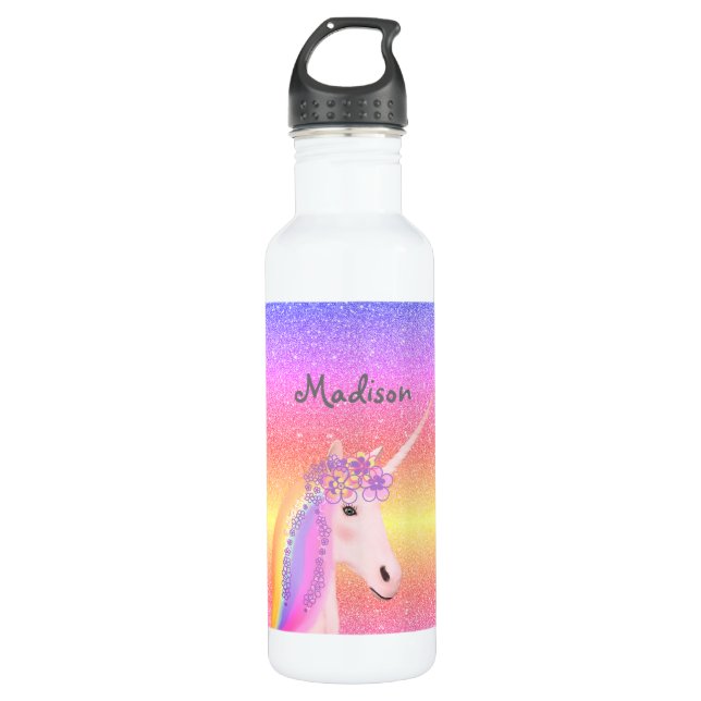 Personalisierter Einhorn Regenbogen Glitzer Kinder Edelstahlflasche (Vorderseite)