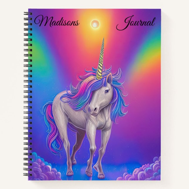 Personalisierter Einhorn Regenbogen Notizbuch (Vorderseite)