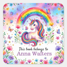 Personalisierter Einhorn-Regenbogen-Sticker Buchla Quadratischer Aufkleber