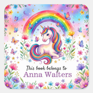 Personalisierter Einhorn-Regenbogen-Sticker Buchla Quadratischer Aufkleber