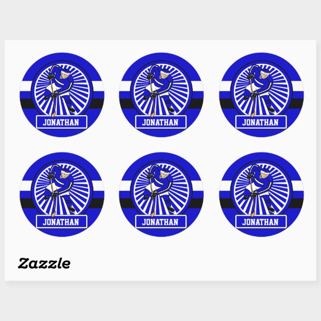 Personalisierter Eishockey-Spieler Blue Runder Aufkleber (Blatt)