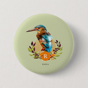 Personalisierter Eisvogel und Blumenentwurf Button