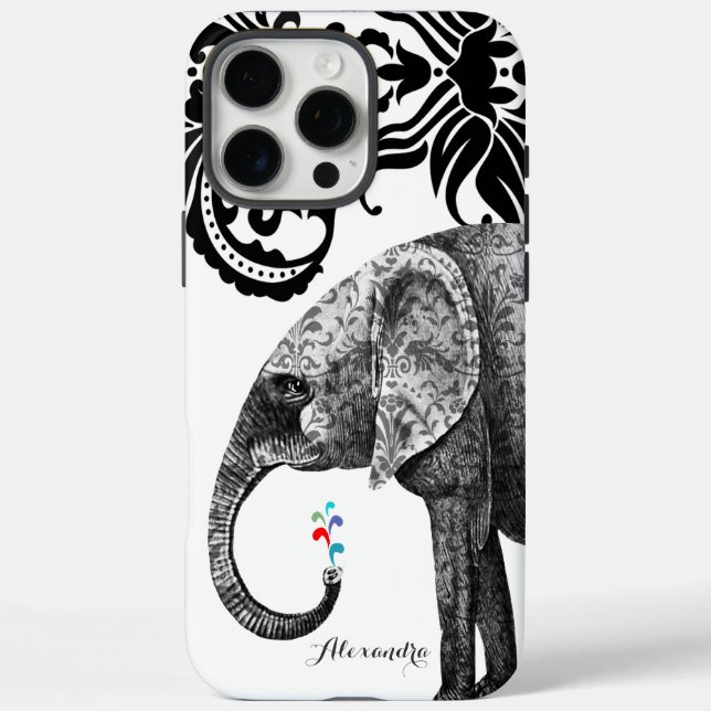 Personalisierter Elefant Damask iPhone 16 Pro Max Hülle (Rückseite)