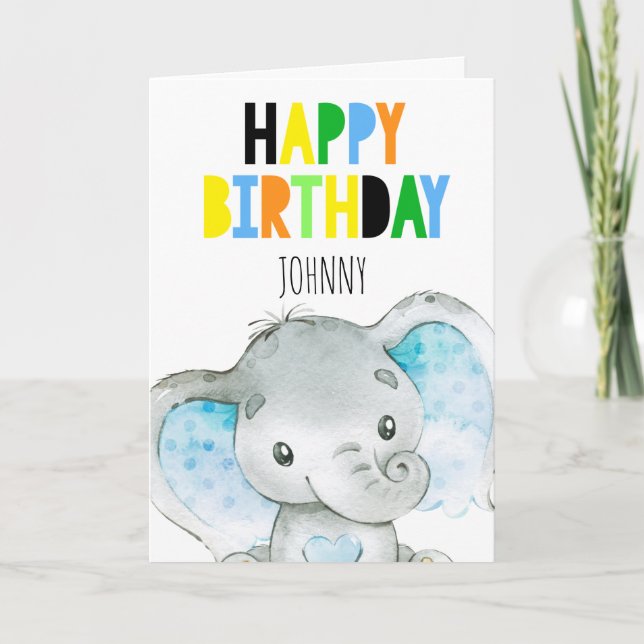 Personalisierter Elefant Niedlicher Junge Happy Bi Karte (Vorderseite)