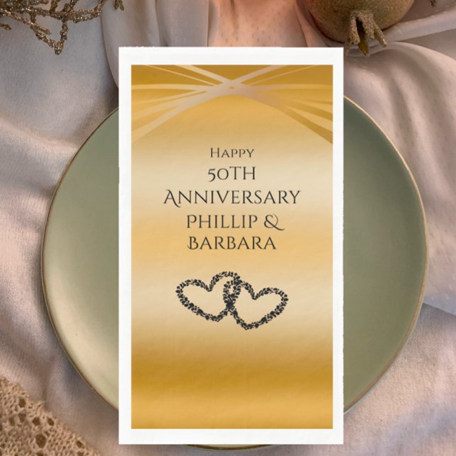 Personalisierter Eleganter Arch Golden 50 Jahre Serviette (Throw a beautiful 50th Wedding Anniversary Party with personalized unique golden arch heart napkins.)