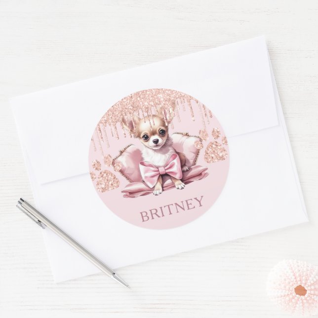 Personalisierter Eleganter Chihuahua-Hund mit Glit Runder Aufkleber (Umschlag)