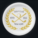 Personalisierter Eleganter Golf Club Pappteller<br><div class="desc">Die goldfarbene Kopfbedeckung des Clubfahrers in elegantem,  modernem,  minimalistischem und elegantem Design. Personalisierter Golffahrer mit Lorbeerkranz,  zwei gekreuzten Golfklubs und Golfball. Personalisierte Titelabdeckung mit Logo,  Name,  Text,  Jahr,  etc. Eleganter Golflehrer,  personalisiertes Geschenk für Golfclub,  Golfer,  Golfspieler,  Team,  Coach. Personalisierte Kopfabdeckung für Schwarz und Weiß und Gold</div>