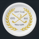 Personalisierter Eleganter Golf Club Pappteller<br><div class="desc">Die goldfarbene Kopfbedeckung des Clubfahrers in elegantem, modernem, minimalistischem und elegantem Design. Personalisierter Golffahrer mit Lorbeerkranz, zwei gekreuzten Golfklubs und Golfball. Personalisierte Titelabdeckung mit Logo, Name, Text, Jahr, etc. Eleganter Golflehrer, personalisiertes Geschenk für Golfclub, Golfer, Golfspieler, Team, Coach. Personalisierte Kopfabdeckung für Schwarz und Weiß und Gold</div>