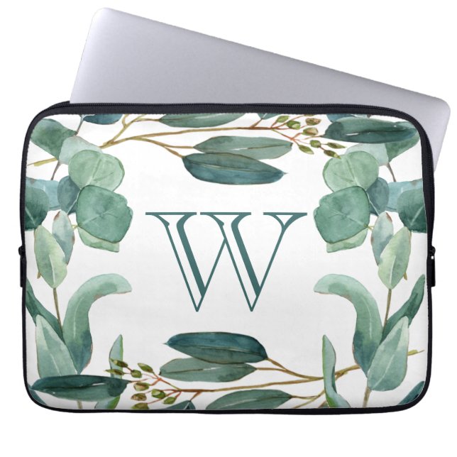 Personalisierter Eleganter Mit Monogramm Eukalyptu Laptopschutzhülle (Vorderseite)