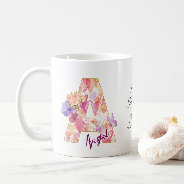 Personalisierter Engel-Initiale A mit Herz-Muster Kaffeetasse (Mit Donut)