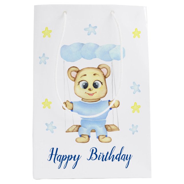 Personalisierter erster Geburtstag Teddy Bear Boy Mittlere Geschenktüte (Vorderseite)
