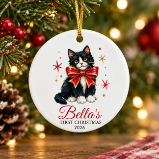 personalisierter erster Weihnachten Tuxedo-Katze Keramik Ornament