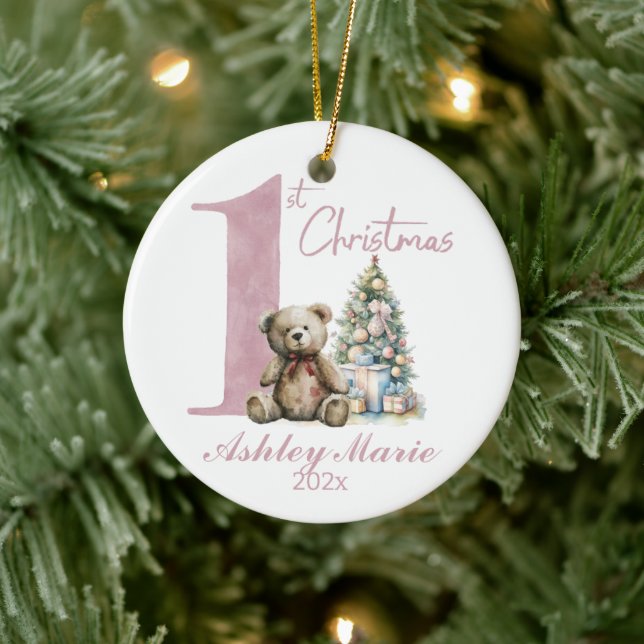 Personalisierter Erster Weihnachtsbär für Mädchen Keramik Ornament (Baum)