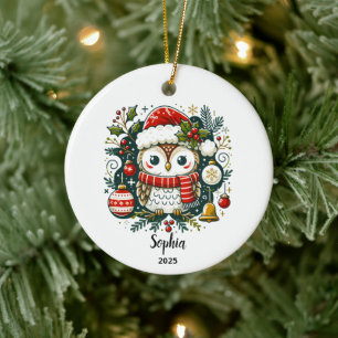 Personalisierter Eulen-Weihnachtsschmuck, Boho-Eul Keramik Ornament