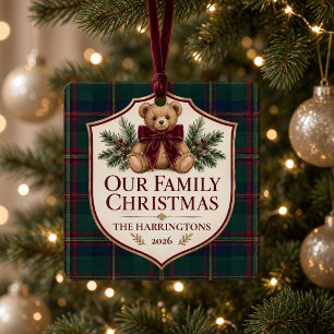 Personalisierter Familienfoto-Tartan-Teddybär Ornament Aus Metall