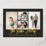 Personalisierter Familienname 4 FotoCollage Folien Feiertagskarte<br><div class="desc">Spread Liebe mit dieser personalisierten Urlaubsfotokarte,  die eine Foto Collage und Ihren Familiennamen enthält. Fügen Sie der Rückseite ein zusätzliches Foto und Text hinzu. Klicken Sie zum weiteren Anpassen auf "Bearbeiten mit dem Entwurfswerkzeug". Visitenkarten kaufen und vieles mehr unter www.zazzle.com/store/nbpaperco</div>