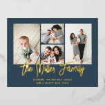 Personalisierter Familienname 4 Fotomaterial Folien Feiertagspostkarte<br><div class="desc">Spread Liebe mit dieser personalisierten Urlaubsfotokarte,  die eine Foto Collage und Ihren Familiennamen enthält. Auf der Rückseite befindet sich ein Ort für eine benutzerdefinierte Nachricht,  Rücksendeadresse und Empfängeradresse. Klicken Sie zum weiteren Anpassen auf "Bearbeiten mit dem Entwurfswerkzeug". Visitenkarten kaufen und vieles mehr unter www.zazzle.com/store/nbpaperco</div>