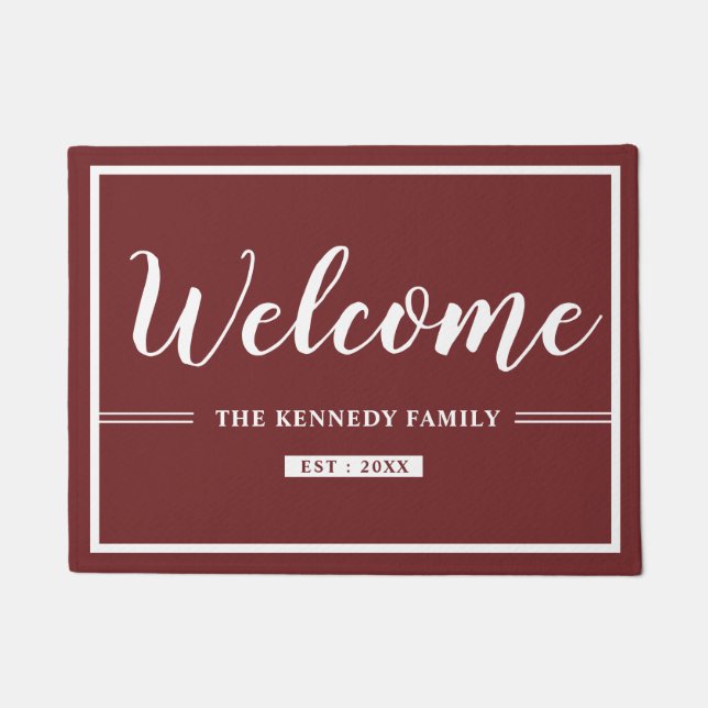 Personalisierter Familienname Burgundy Willkommen Fußmatte (Vorderseite)