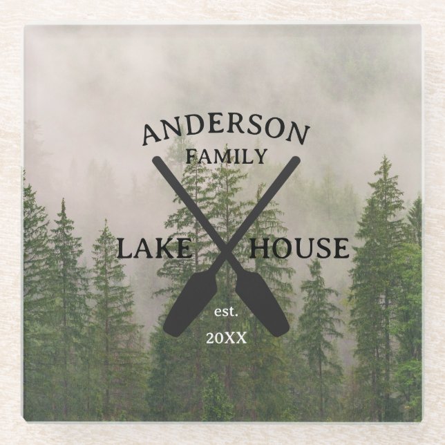 Personalisierter Familienname Lake House Glasuntersetzer (Vorderseite)