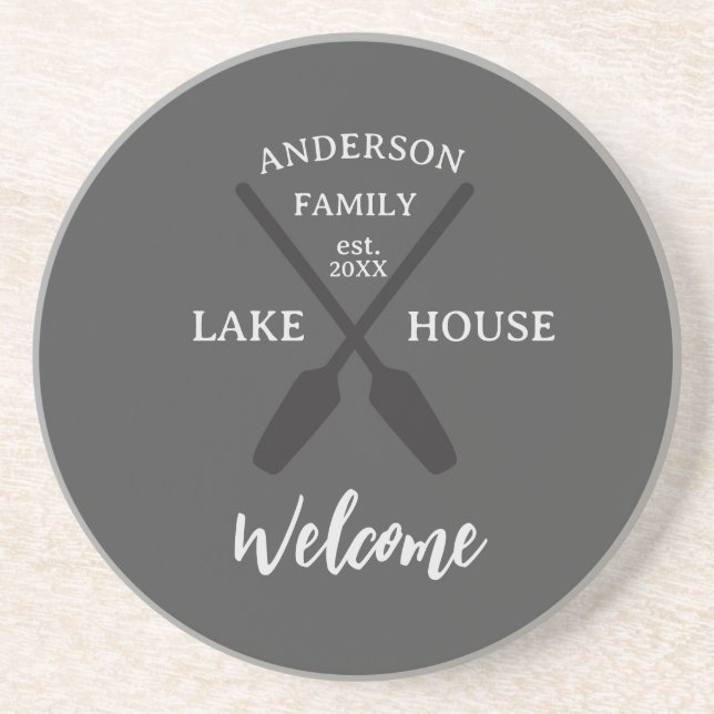 Personalisierter Familienname Lake House Willkomme Getränkeuntersetzer (Vorne)