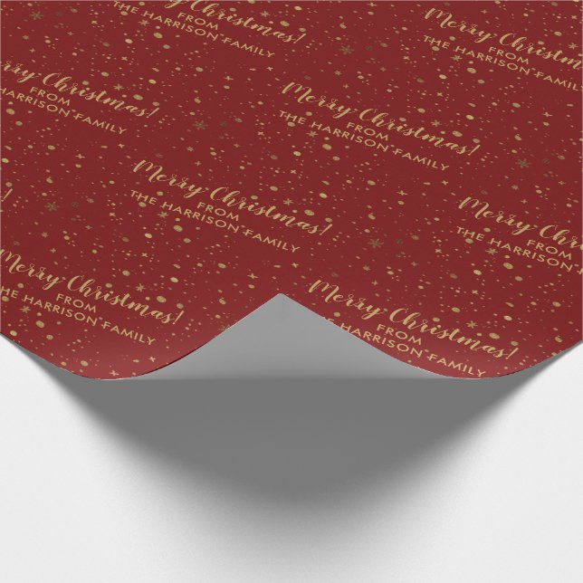Personalisierter Familienname Red Gold Frohe Weihn Geschenkpapier (Ecke)