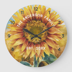 Personalisierter Familienname Sonnenblumenwasser Große Wanduhr