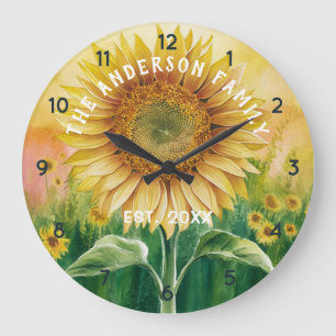 Personalisierter Familienname Sonnenblumenwasser Große Wanduhr