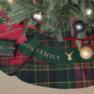 Personalisierter Familienname Tartan Karo-Hirsch Polyester Weihnachtsbaumdecke