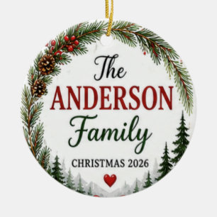Personalisierter Familienname Weihnachts-Kranz-Orn Keramik Ornament