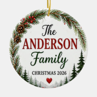 Personalisierter Familienname Weihnachts-Kranz-Orn Keramik Ornament