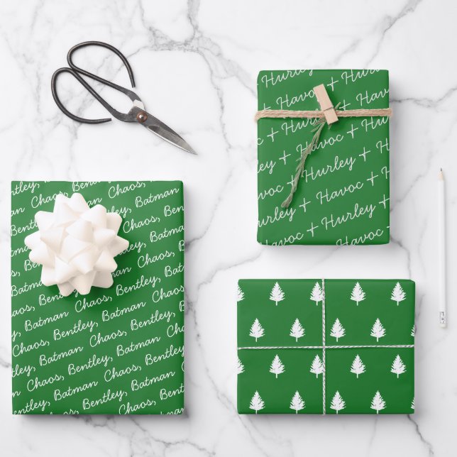 Personalisierter Familienname Weihnachtsbaum Geschenkpapier Set (Vorderseite)