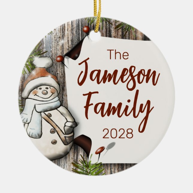 Personalisierter Familienname Weihnachtsschneemann Keramik Ornament (Vorne)