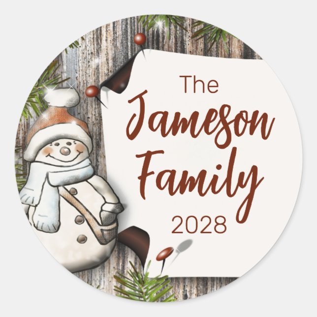 Personalisierter Familienname Weihnachtsschneemann Runder Aufkleber (Vorderseite)