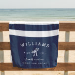 Personalisierter Familienurlaub in Navy & White St Strandtuch<br><div class="desc">Gedenken Sie Ihren Familienurlaub,  Ihre Reise oder Ihre Kreuzfahrt mit diesen einzigartigen,  individuellen Strandtücher. Personalisiertes Design mit klassischen nautischen Marineblau-Weiß Streifen mit Ihrem Familiennamen,  Veranstaltungstyp,  Jahr und Ziel flankiert ein Paar von weißen Palmen Silhouette Illustrationen.</div>