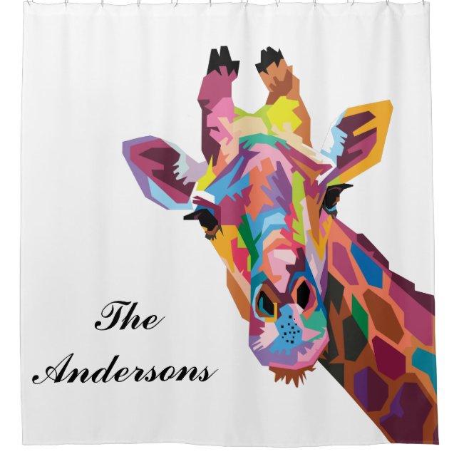 Personalisierter farbenfroher Pop Giraffe Duschvorhang (Vorderseite)