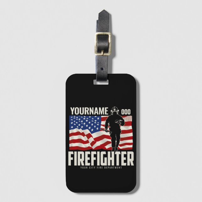 Personalisierter Firefighter Rescue USA Flag Patri Gepäckanhänger (Vorderseite Vertikal)