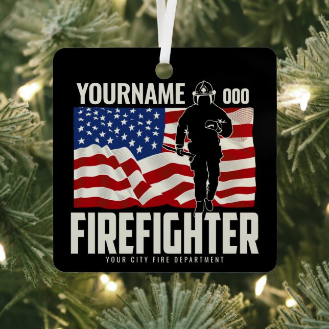 Personalisierter Firefighter Rescue USA Flag Patri Ornament Aus Metall (InSitu)
