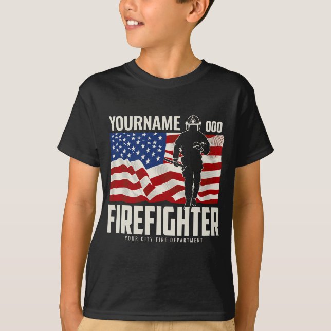 Personalisierter Firefighter Rescue USA Flag Patri T-Shirt (Vorderseite)