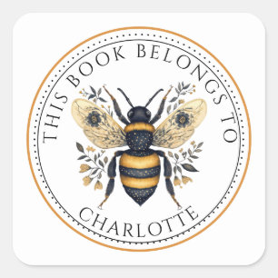 Personalisierter floraler Bienen-Bibliotheksname Quadratischer Aufkleber